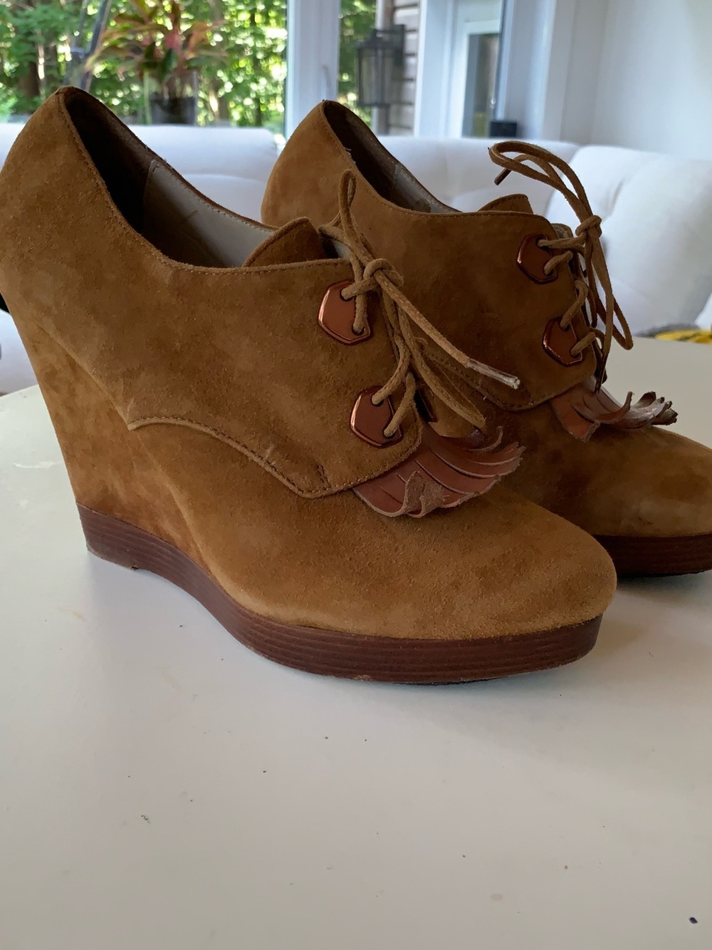Michael Kors Suede Lace-Up Wedge Booties in Tan